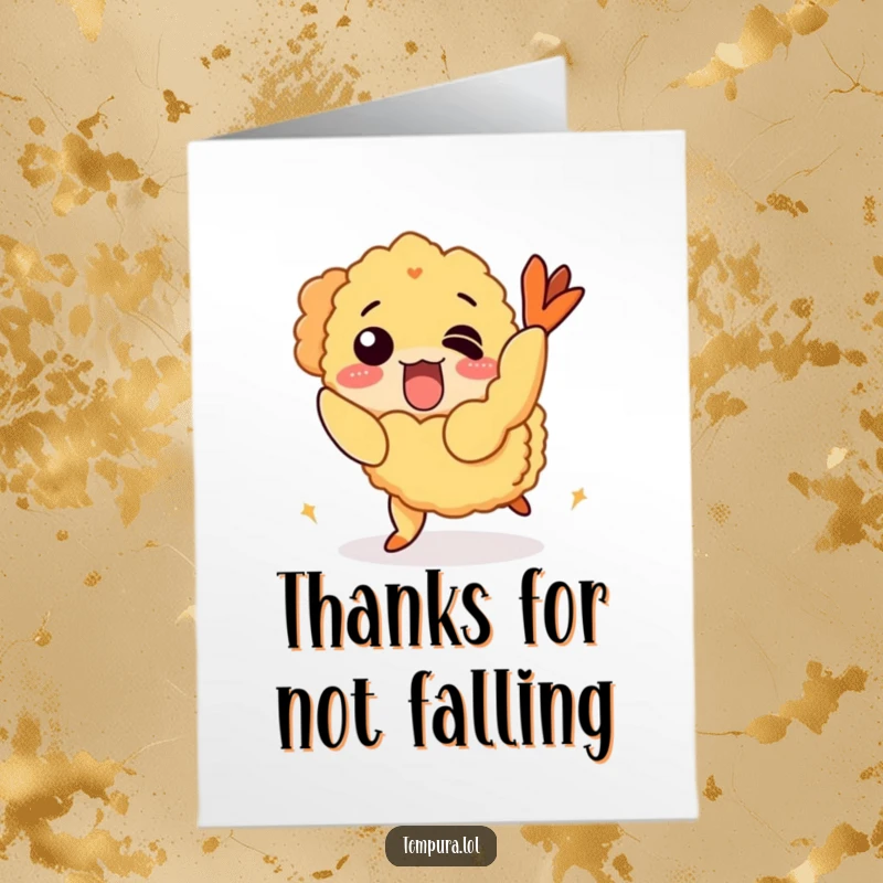 Funny Free Printable Thank You Card: A tempura shrimp comically trips, sending thanks with downloadable charm and humor.