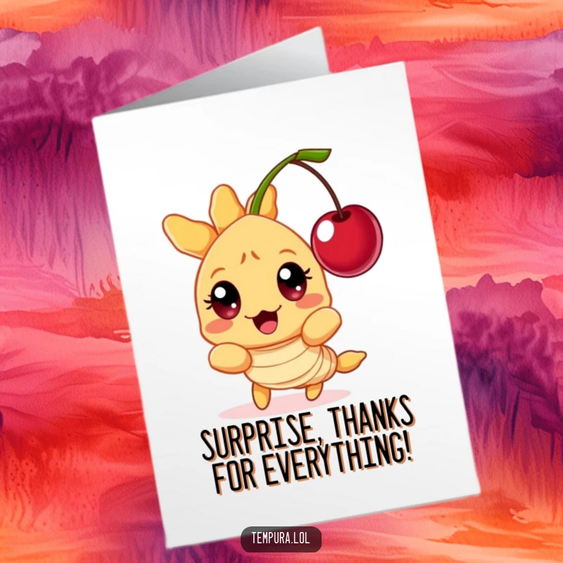 Funny Free Printable Thank You Card featuring a tempura shrimp character with wide, surprised eyes reacting to a floating cherry.