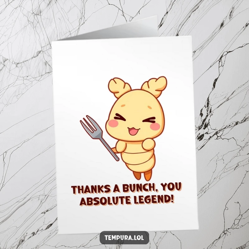 Funny Free Printable Thank You Card of a tempura shrimp character winking mischievously while holding a small fork.