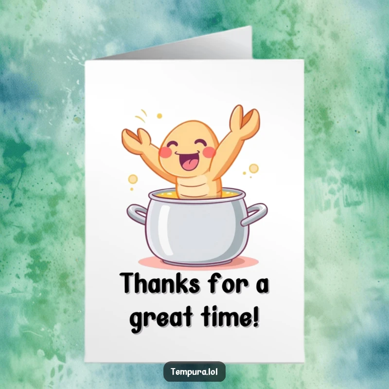 Funny Free Printable Thank You Card: A delighted tempura shrimp character makes a joyful leap from a cooking pot.