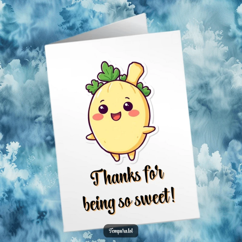 Funny Free Printable Thank You Card: A tempura vegetable character with a wide, genuine smile conveying heartfelt thanks.