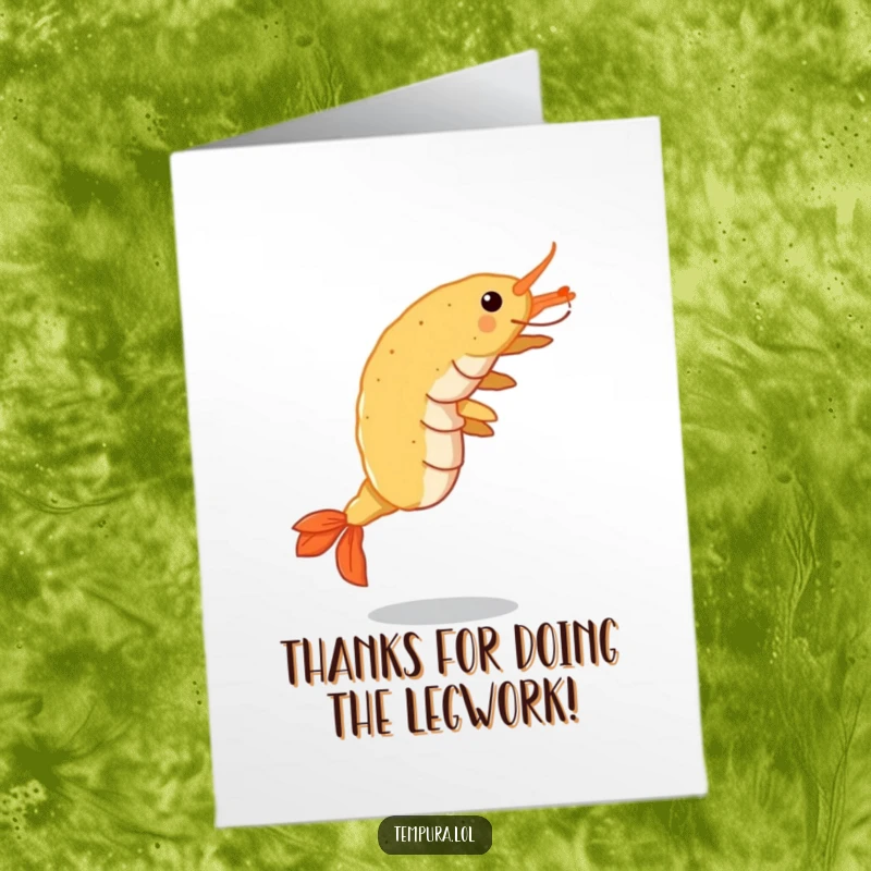 Funny Free Printable Thank You Card featuring a tempura shrimp mid-cartwheel, expressing thanks in a unique way.