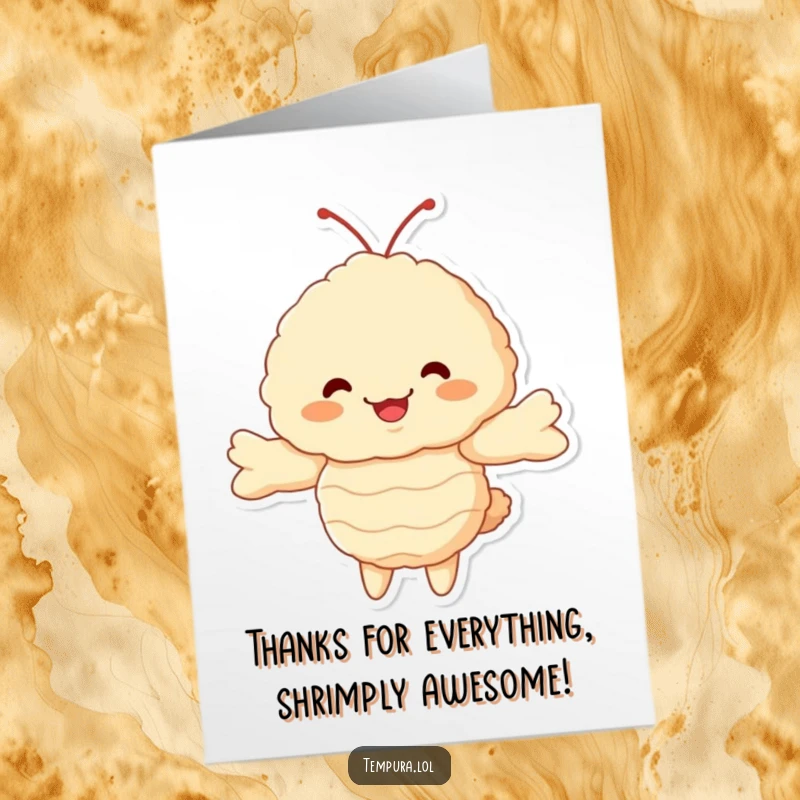 Funny Free Printable Thank You Card of a fluffy tempura shrimp character extending its arms for a grateful, humorous hug.