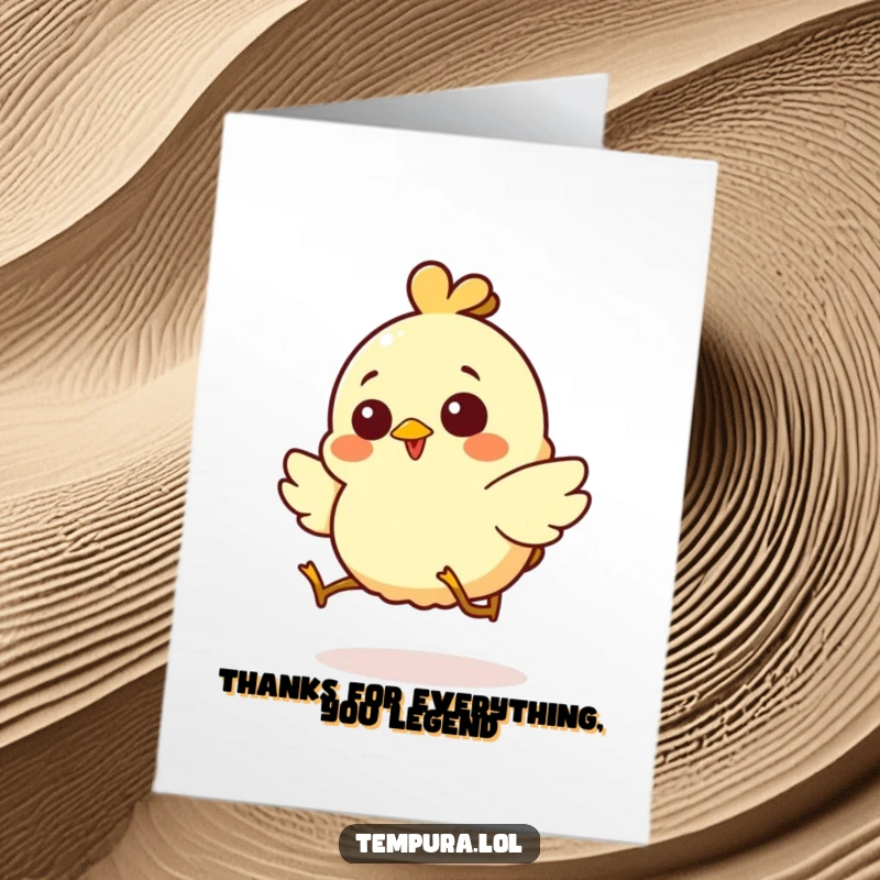 Funny Free Printable Thank You Card: Giggling chicken tempura character doing a silly hop to express thanks.