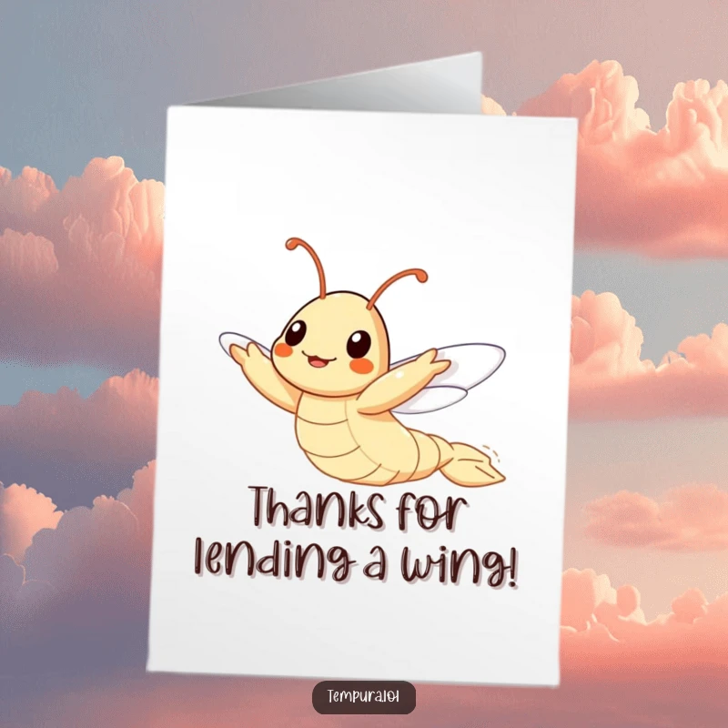 Funny Free Printable Thank You Card: A tempura shrimp character comically flapping its appendages, trying to fly as thanks.