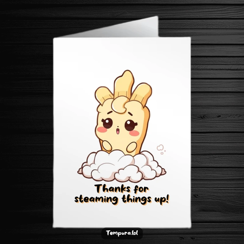 Funny Free Printable Thank You Card: Tempura character giving a surprised wink from within a puff of steam.