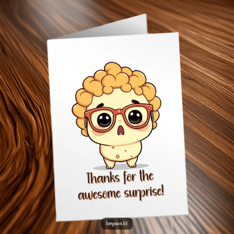 Funny free printable thank you card featuring a tempura character in wacky glasses, looking comically surprised to be expressing thanks.