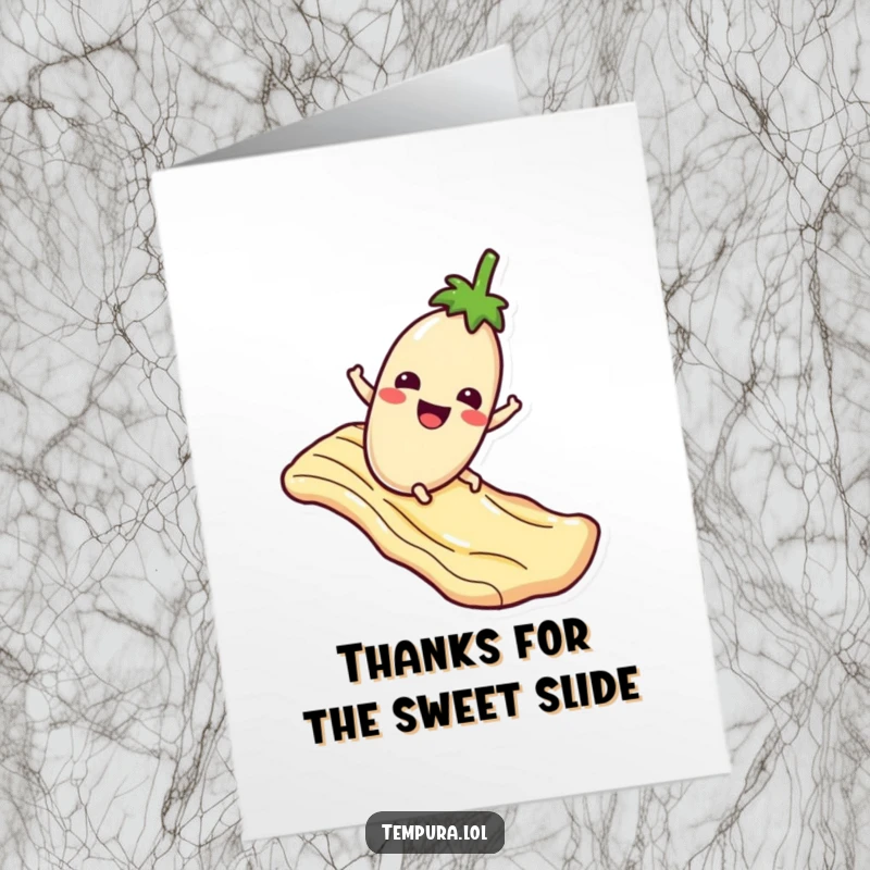 Funny Free Printable Thank You Card: Eggplant Character Sliding Down Sauce, Expressing Thanks