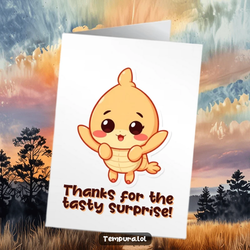 Funny Free Printable Thank You Card featuring a tempura shrimp character looking delightfully surprised, perfect for gratitude.