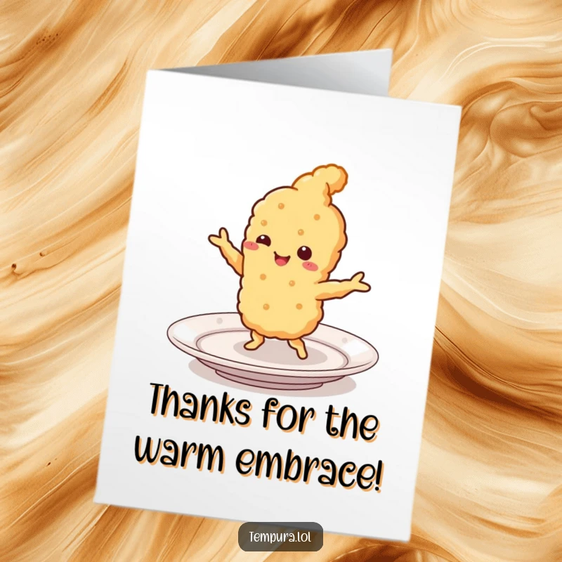 Funny free printable thank you card of a smiling tempura piece doing a lively jig on a plate.