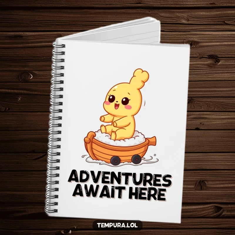 Funny tempura character riding a small sushi boat on the cover of a notebook, perfect for culinary notes.