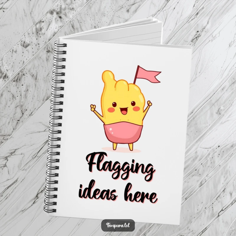 Funny Tempura Notebook with a cheerful tempura enthusiastically waving a tiny flag, perfect for jotting down recipes and food ideas.