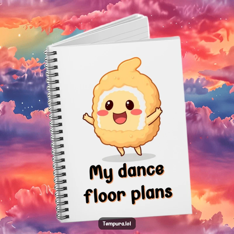 Funny smiling tempura sushi piece doing a little dance, adorning the cover of a functional notebook.