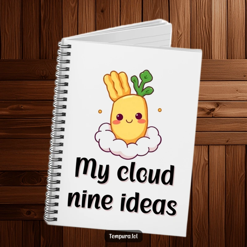 Funny Notebook with a smiling tempura vegetable character floating on a cloud, ready for your notes.