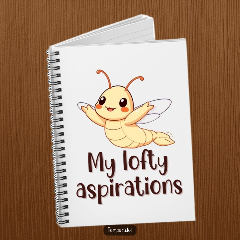 Funny Flying Tempura Shrimp Notebook, illustrated attempting to fly, perfect for jotting down ambitious plans and creative ideas.