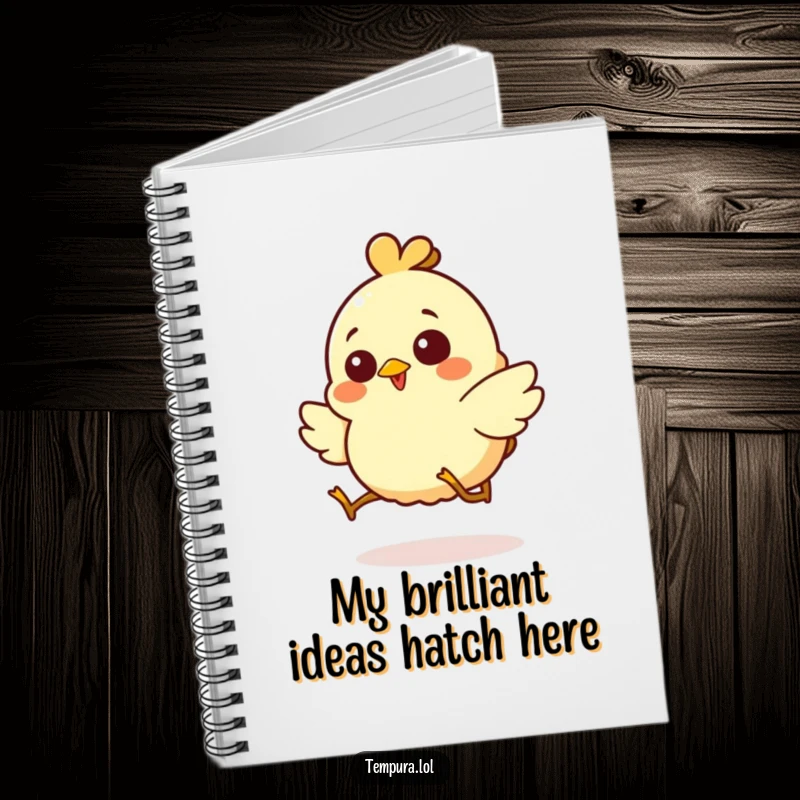 Funny notebook featuring a giggling chicken tempura character hopping happily, perfect for jotting down funny ideas.