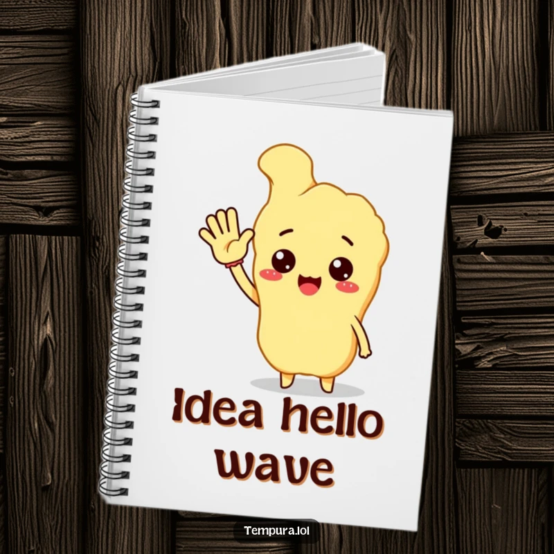 Funny tempura character energetically waving hello, a welcoming notebook for jotting down ideas humorously.