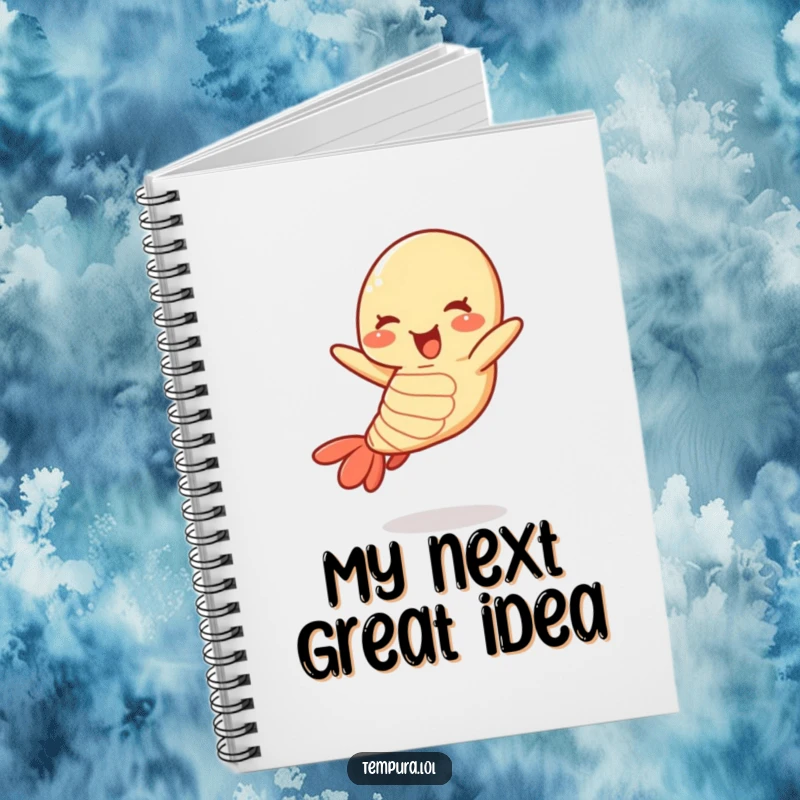 Funny tempura shrimp notebook with a cheerful, jumping shrimp character, ideal for note-taking and brainstorming.