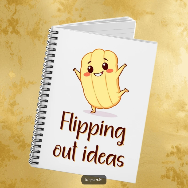 Funny Kawaii tempura character with a big grin, doing a cartwheel on a notebook cover, ready for your notes.