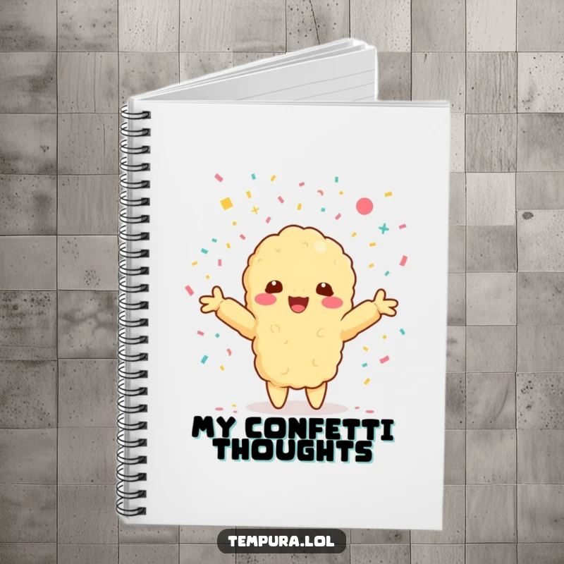 Funny notebook featuring a Kawaii tempura shrimp character with arms outstretched, embracing a shower of confetti.