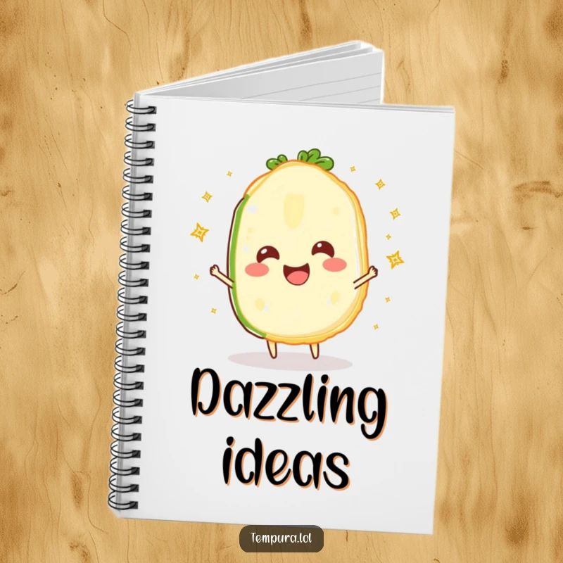 Funny Sparkling Veggie Slice Notebook: Features a happy tempura vegetable slice juggling sparkles, excellent for journaling, sketching, and note-taking with a cheerful vibe.