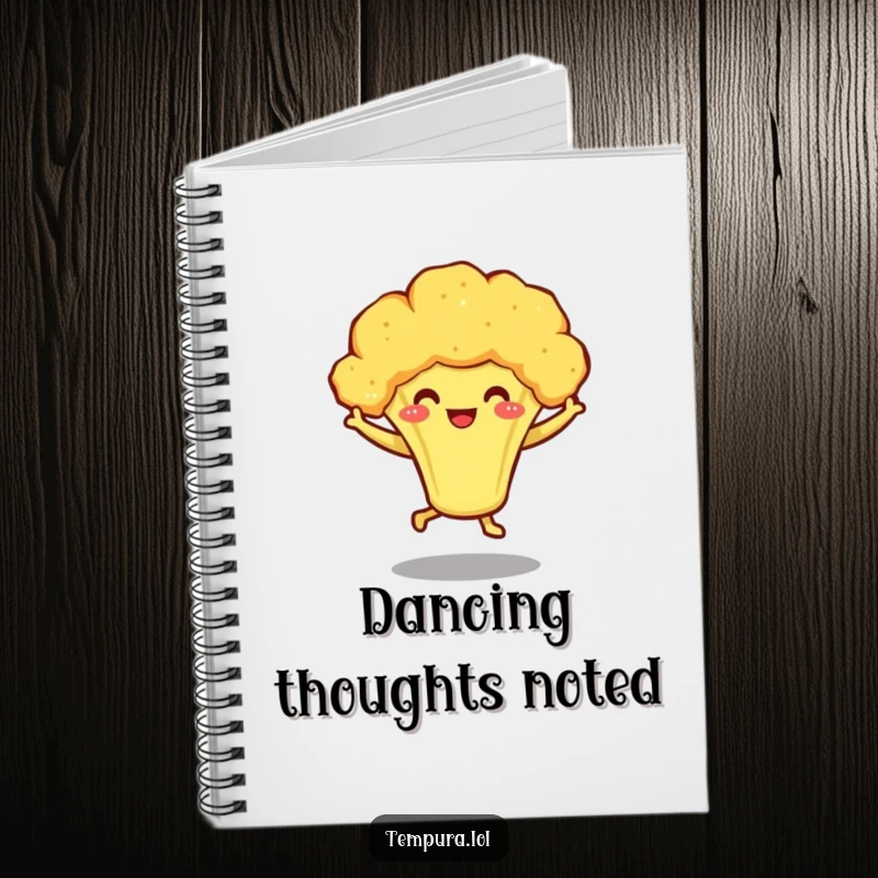 Funny notebook featuring a smiling tempura broccoli character dancing on little legs, inspiring creative thoughts and fun notes.