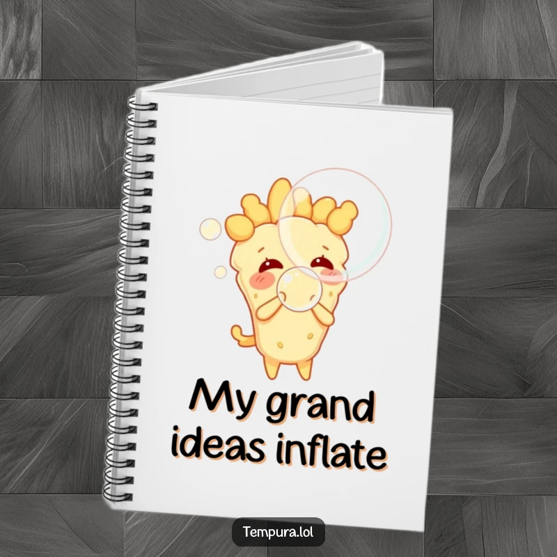 Funny tempura character playfully blowing a large, iridescent bubble, a motivational notebook for capturing ideas humorously.