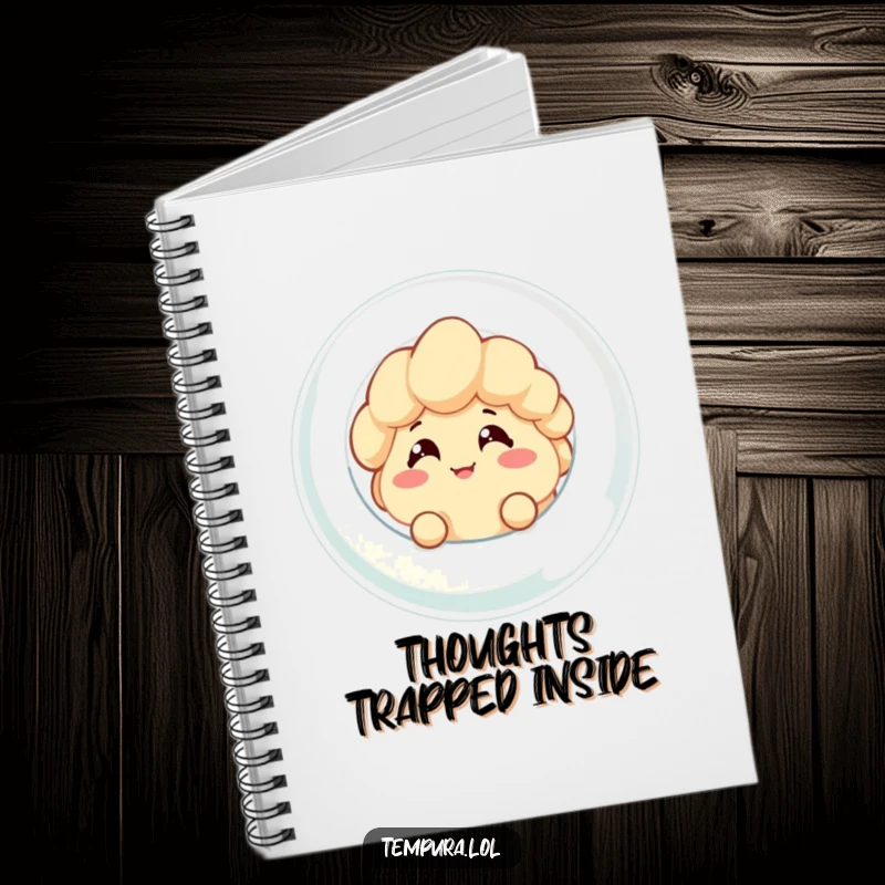 Funny notebook with a tempura character peeking from a bubble, great for jotting down notes or ideas with a touch of humor.
