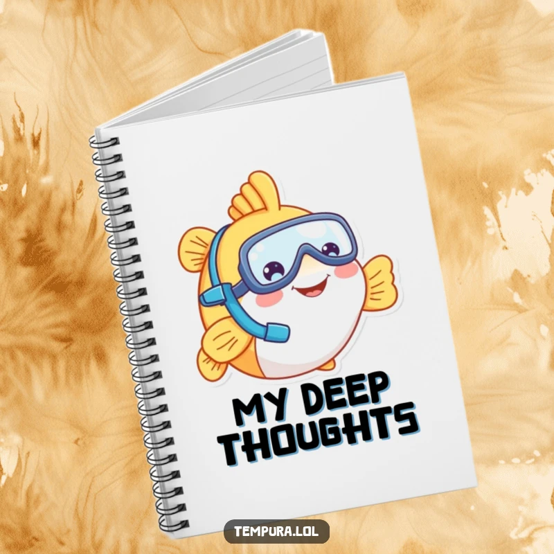 Funny tempura fish character with a tiny snorkel, smiling, ready to take notes in a funny notebook, a great gift.