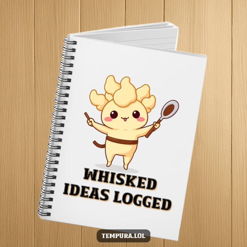 Funny Tempura Notebook: An anthropomorphic fried food character juggling a tiny whisk and spoon, perfect for note-taking with a humorous cooking theme.