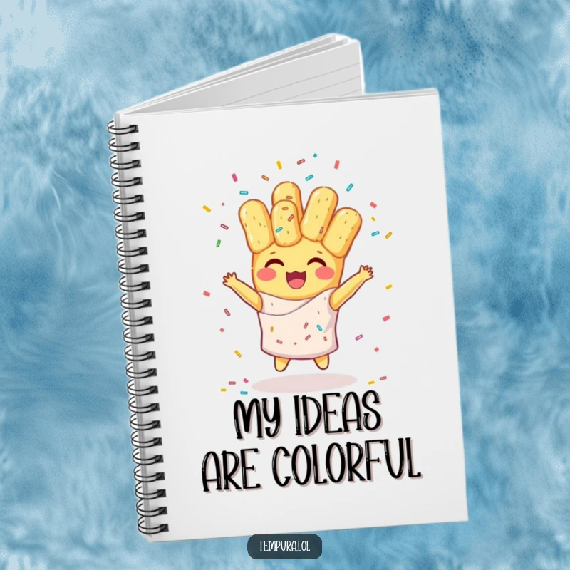 Funny notebook featuring a happy tempura character juggling colorful sprinkles, perfect for writing down thoughts with a touch of sweetness.