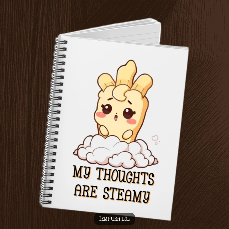 Funny notebook featuring a tempura character with a surprised wink emerging from steam, great for jotting down notes with humor.