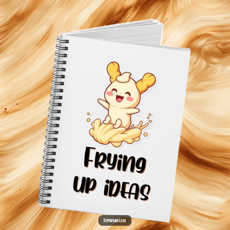 Funny tempura character joyfully riding a playful wave of batter on a notebook cover, ready for all your notes.