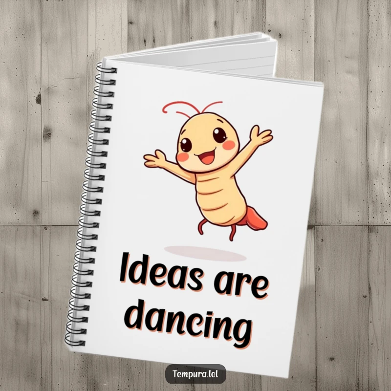 Funny notebook featuring a Kawaii tempura shrimp character doing a cheerful, energetic dance.
