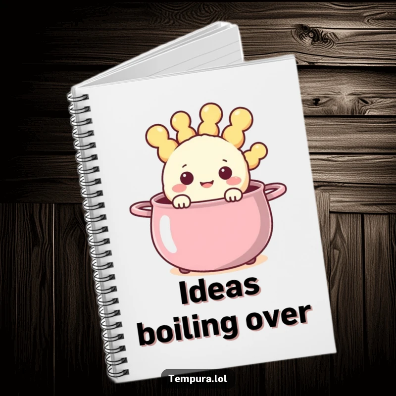 Funny happy tempura character peeking out from a steaming, cheerful pot on a notebook cover, ready for your notes.