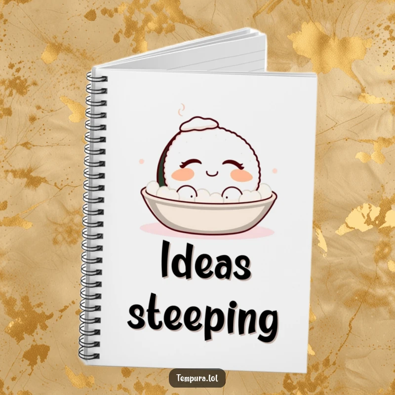 Funny smiling sushi with eyes closed, enjoying a warm bath, a humorous notebook for writing and planning.