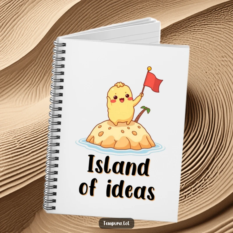 Funny tempura character excitedly waving a tiny flag on a delicious island on a notebook cover, ready for your plans.