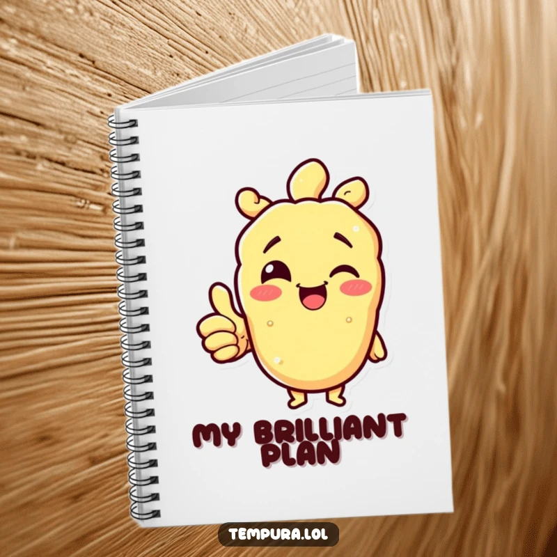 Funny tempura character winking and giving a thumbs up on the cover of a notebook, perfect for positive note-taking.