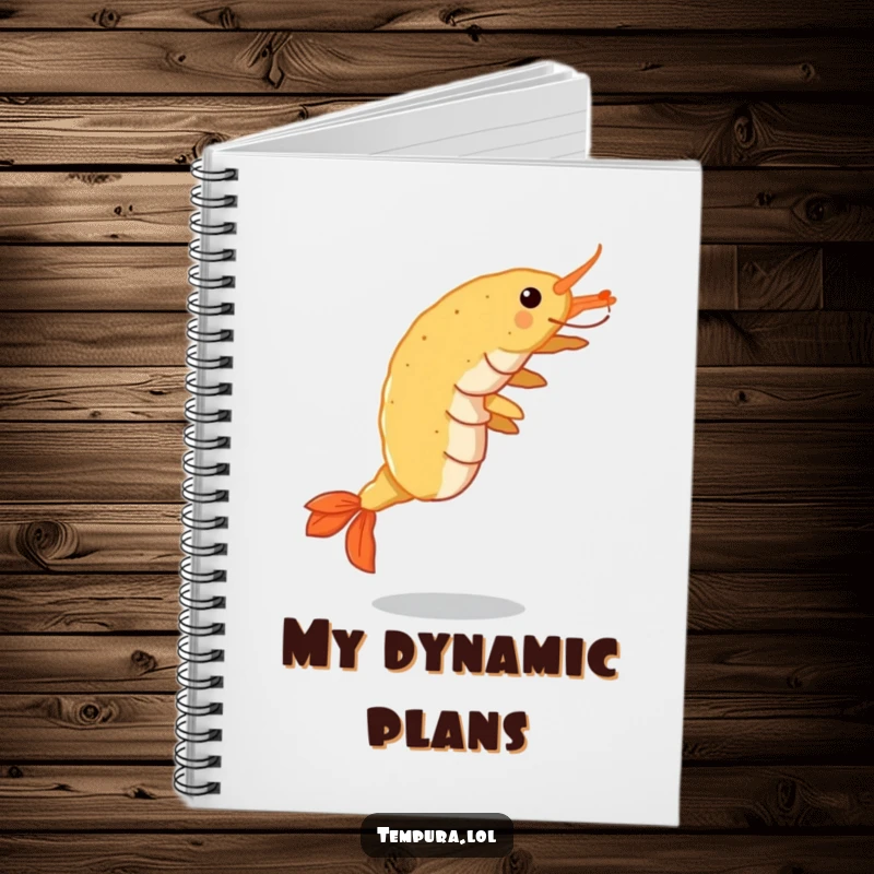 Funny Tempura Shrimp Notebook: A crispy shrimp performing a cartwheel, ideal for jotting notes with a touch of food-themed humor.