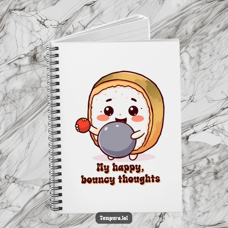 Funny Notebook with a cheerful Kawaii sushi roll character bouncing a ball, ready for your notes.