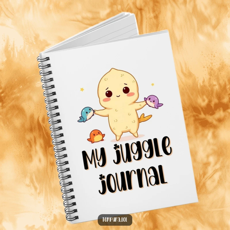 Funny tempura notebook with a tempura character artfully juggling three small sea creatures, inspiring creativity and organized thoughts.