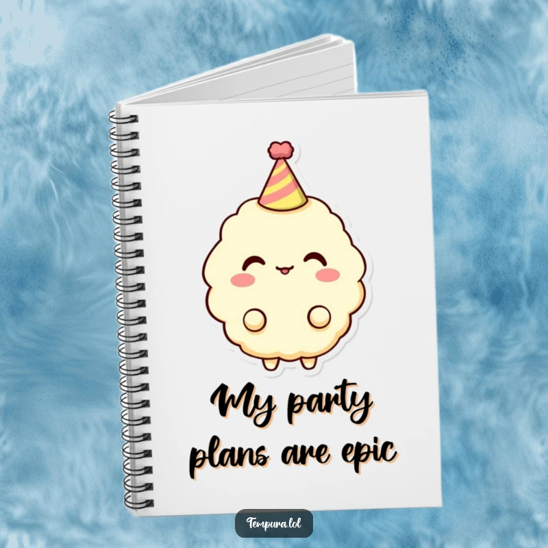 Funny Tempura Character Notebook: A tempura piece wears a small party hat, providing a humorous and festive backdrop for your notes.