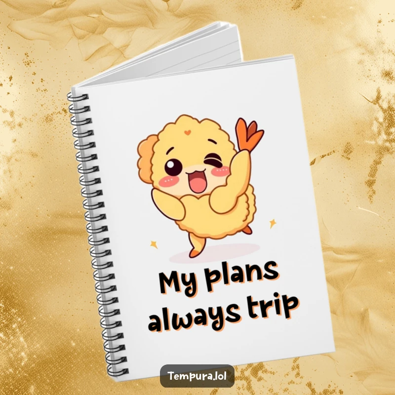 Funny Notebook featuring a tempura shrimp character comically tripping over its own crispy coating.