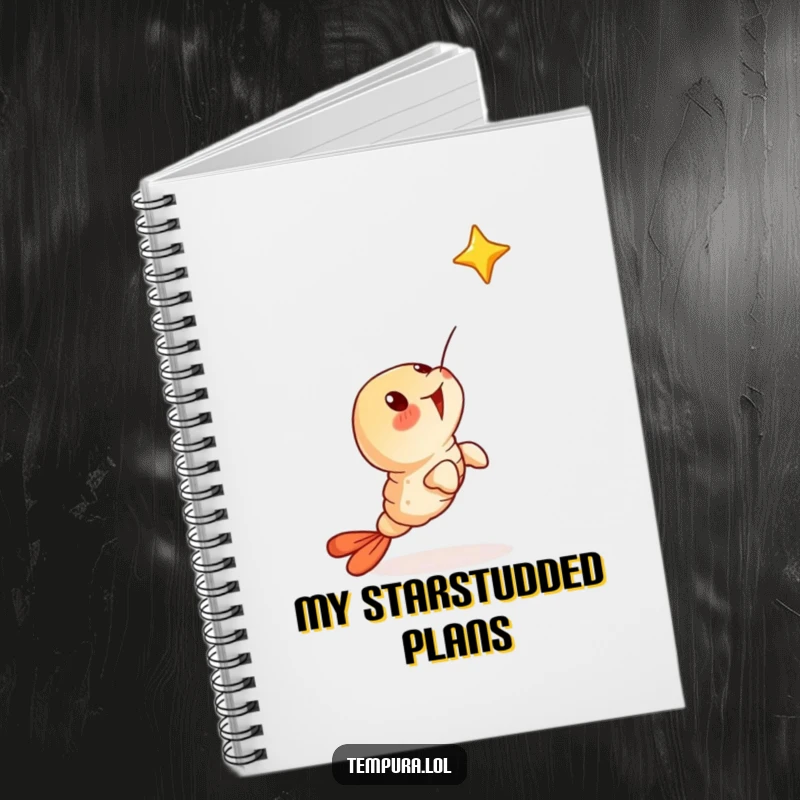 Funny notebook with a surprised tempura shrimp character looking up at a falling star, perfect for jotting wishes.