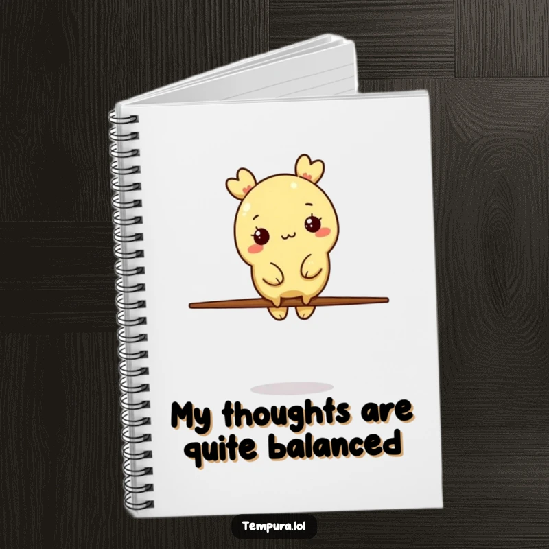 Funny Tempura Character Notebook: A tempura piece balances on a chopstick, providing a humorous and artistic backdrop for your notes.