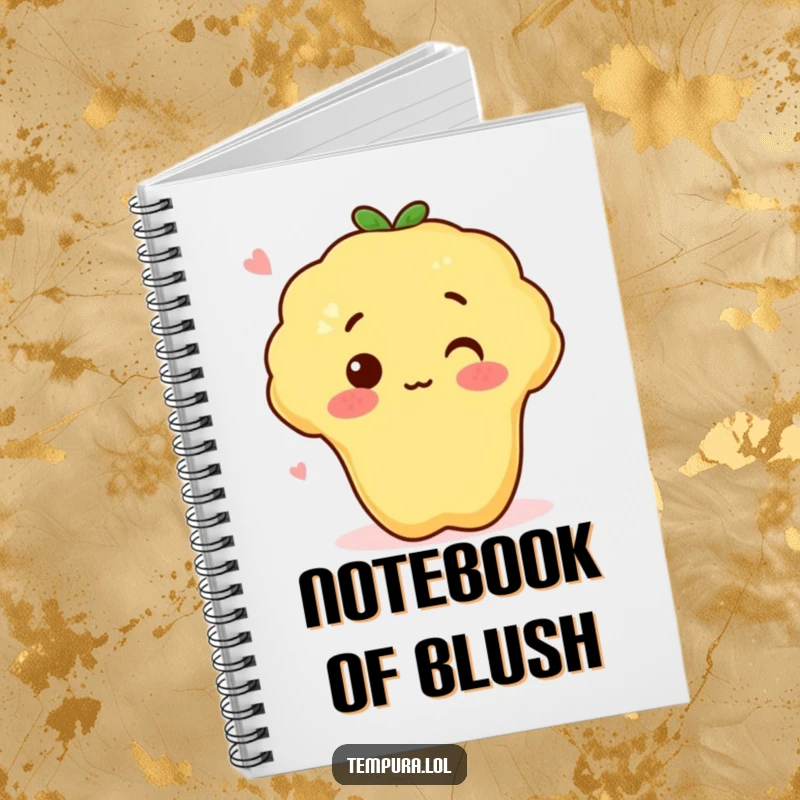 Funny tempura sweet potato with a surprised blush on a notebook, perfect for jotting down funny thoughts and ideas.