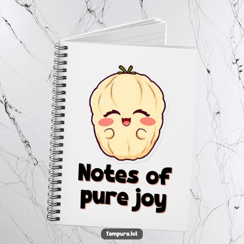 Funny vegetable tempura notebook featuring a happy tempura vegetable with eyes closed in glee.