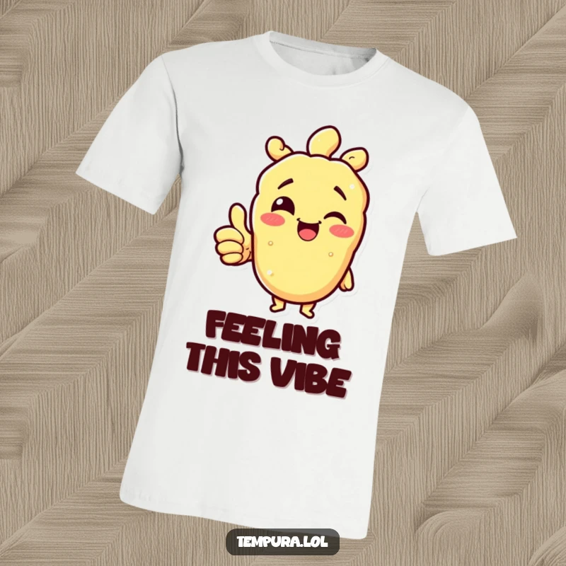 Funny tempura character winking and giving a thumbs up on a comfortable t-shirt, embodying cheerful approval.
