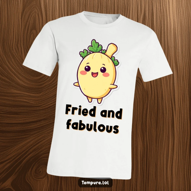 Funny Tempura Vegetable T-Shirt, depicted with a wide, joyful smile, embodying pure happiness and a love for tasty food.