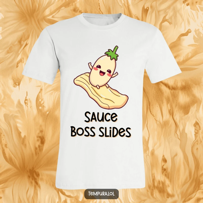 Funny T-Shirt: A tempura eggplant character gleefully slides down a wavy sauce slide, depicting a moment of pure food joy.